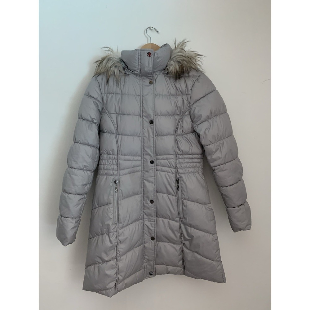Liz Claiborne Puffer Jacket Faux Fur Trim Hood Quilted Sz M Silver Zip Pockets